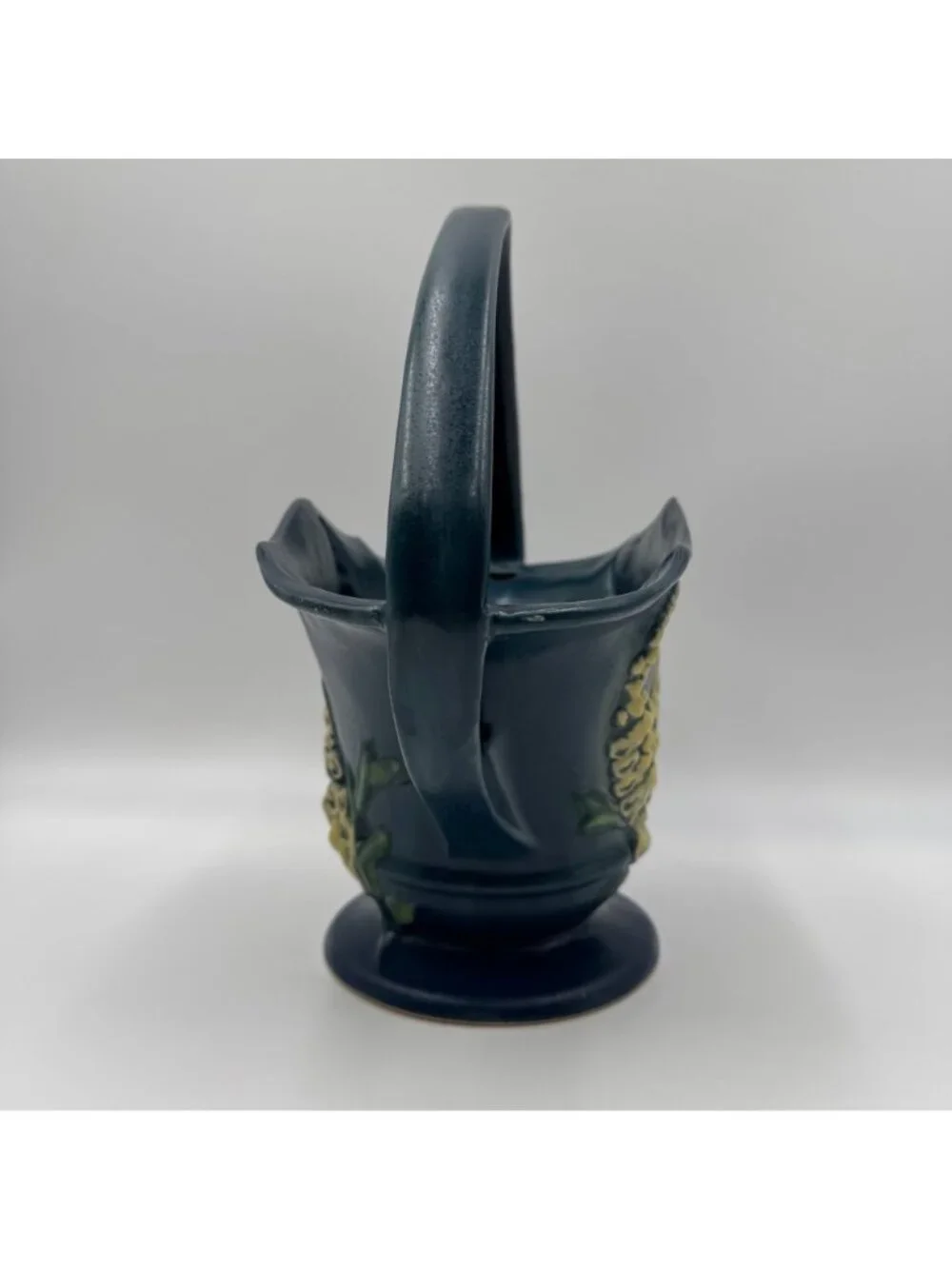 Vintage Oroville 375-12 Ceramic Art Pottery Basket Vase Mid Century Blue Green
